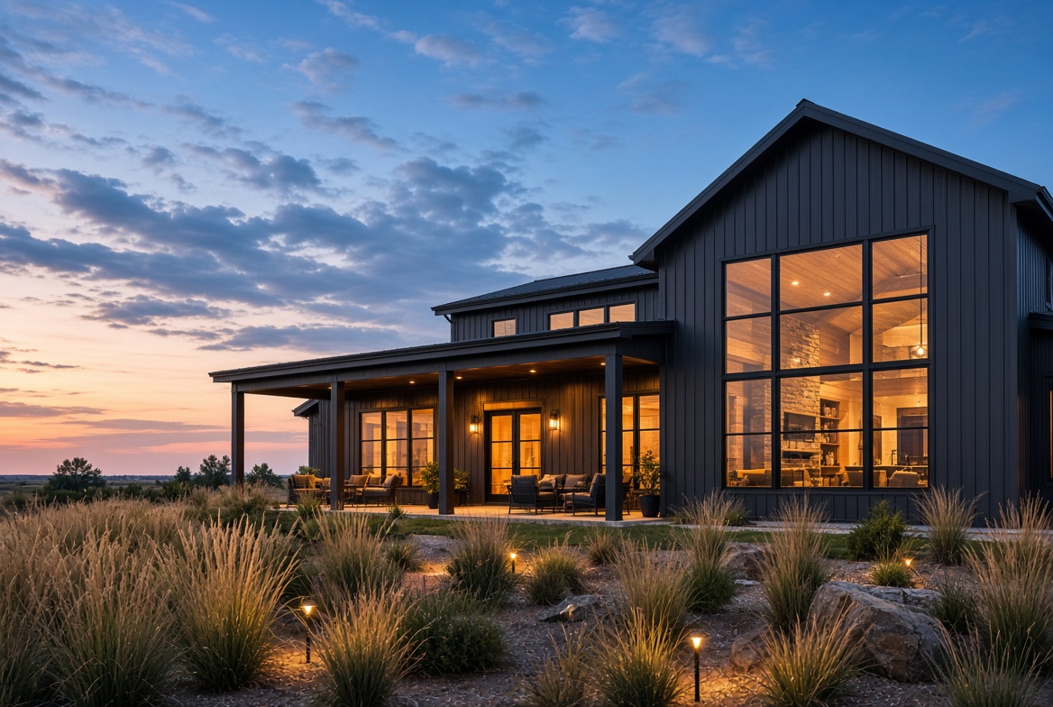 Barndominium cost per square foot Arkansas - finished barndo exterior at dusk