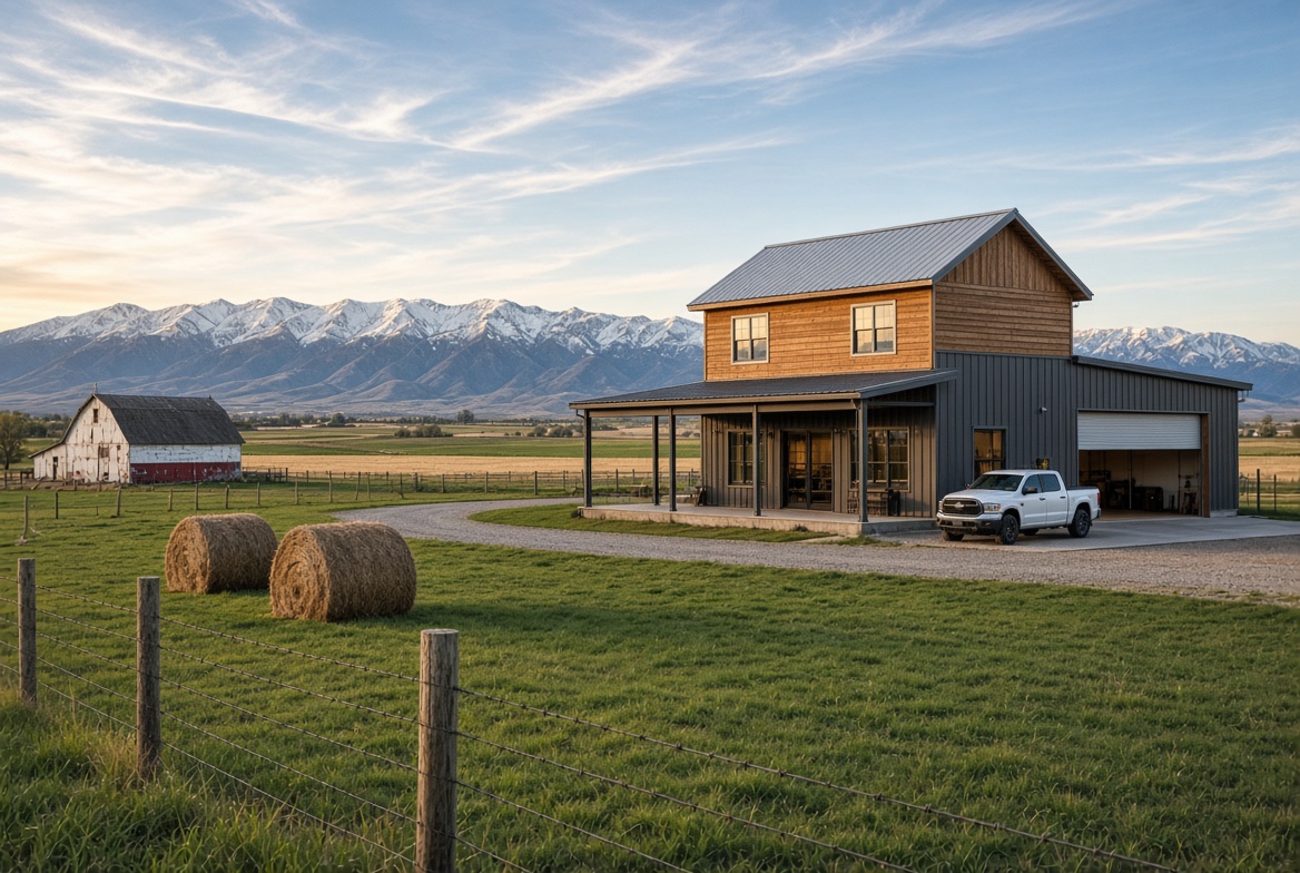 Steel-frame barndominium on working farmland in Cache Valley, Utah, with the Wasatch Mountains in the background