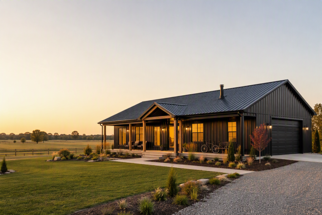 Modern black barndominium with covered porch and garage on rural farmland at sunset