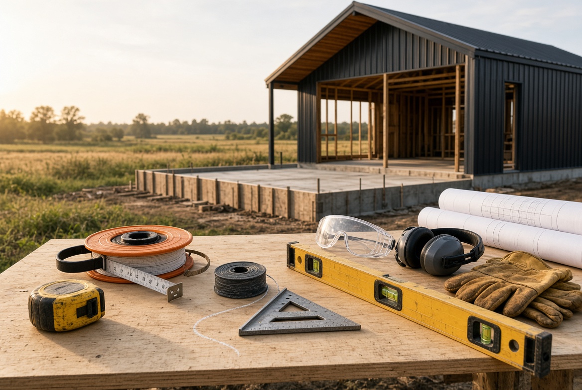 Owner-builder tools on a workbench in front of a partially built black metal barndominium