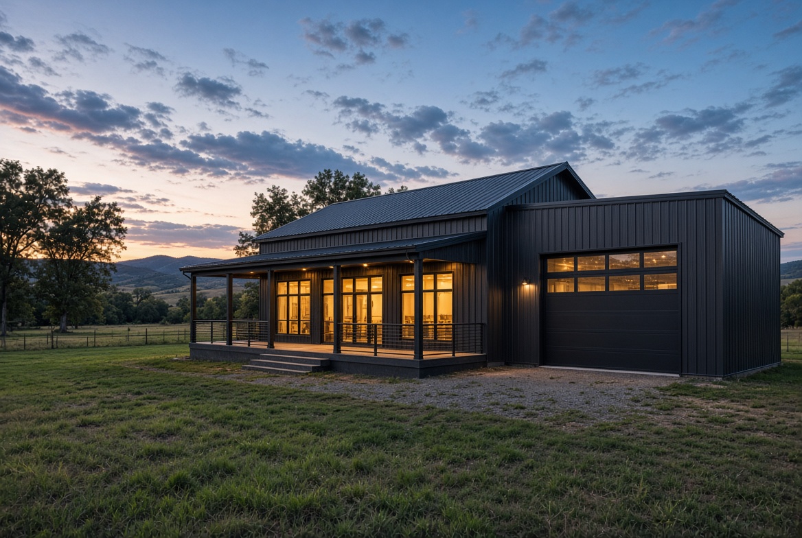 Barndominium with shop cost: finished home paired with an attached shop bay at dusk