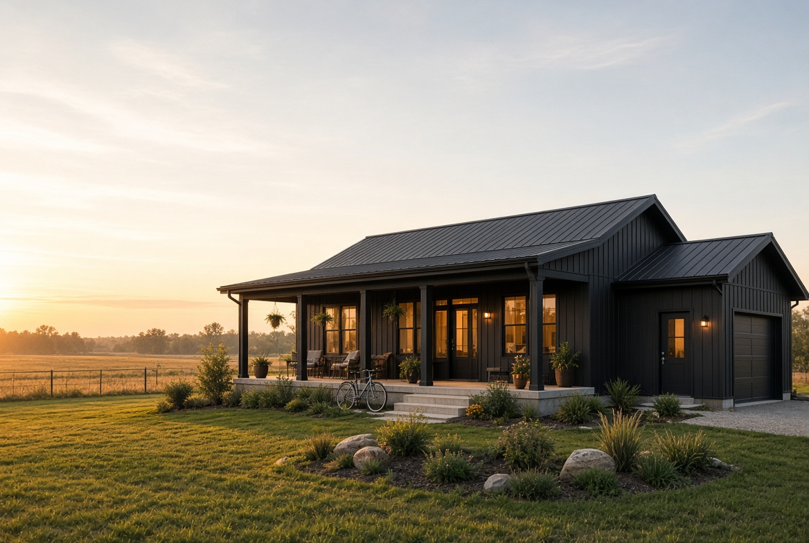 Modern black three-bedroom barndominium with covered porch and attached garage on rural property at sunset