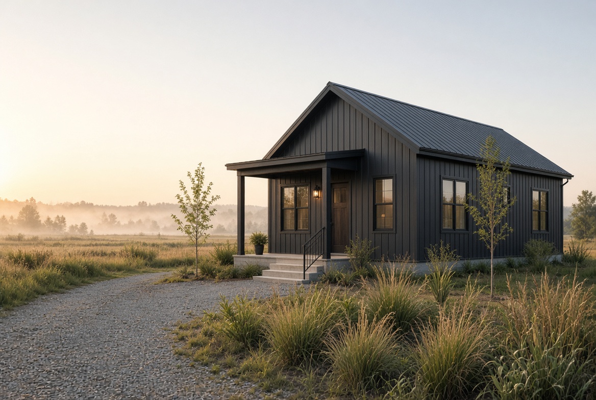 Compact black 30 by 40 barndominium with small covered porch on a rural property