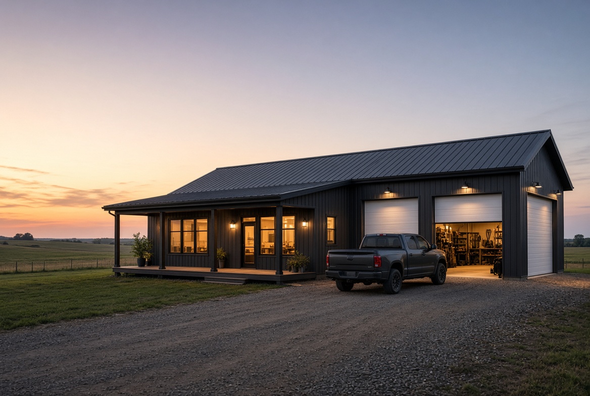 Black 40 by 60 barndominium with covered porch, attached workshop, open garage bay, and pickup truck at dusk