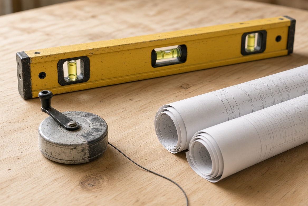 Yellow box level, chalk line reel, and rolled house plans on a wood workbench