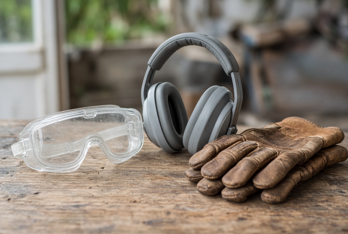 Safety goggles, hearing-protection earmuffs, and a leather work glove on a workbench