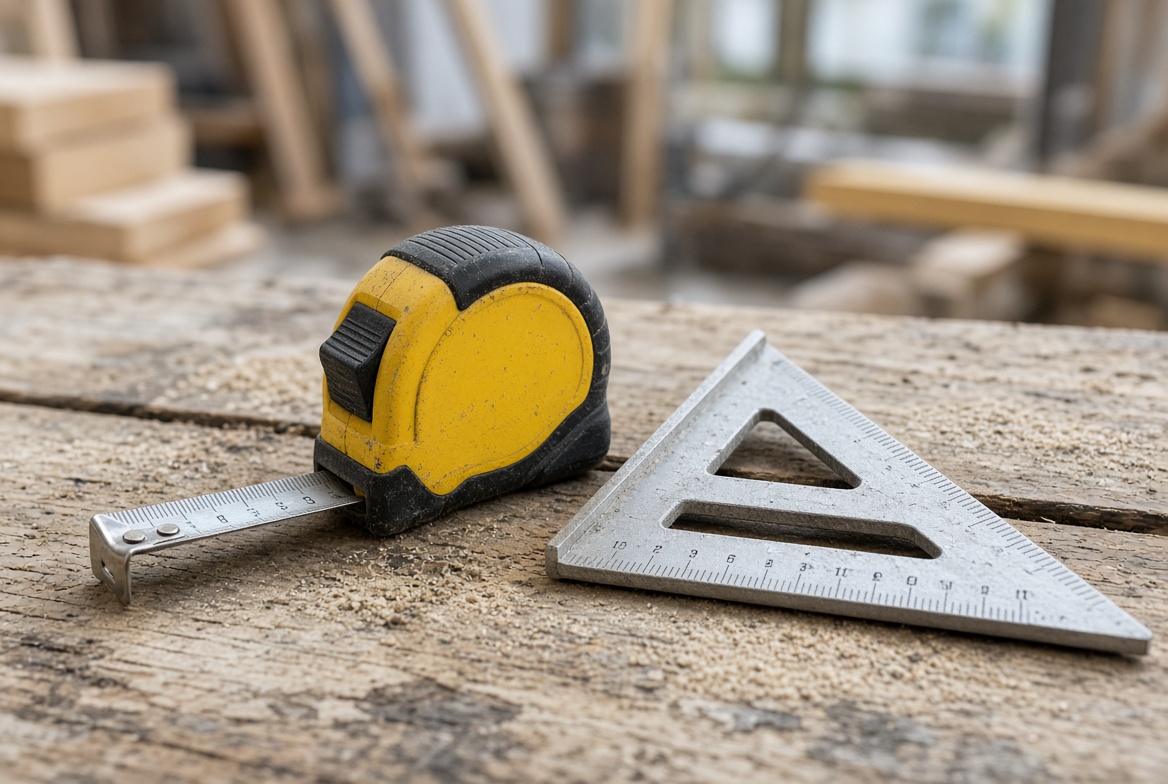 Yellow tape measure and aluminum speed square on a wood workbench