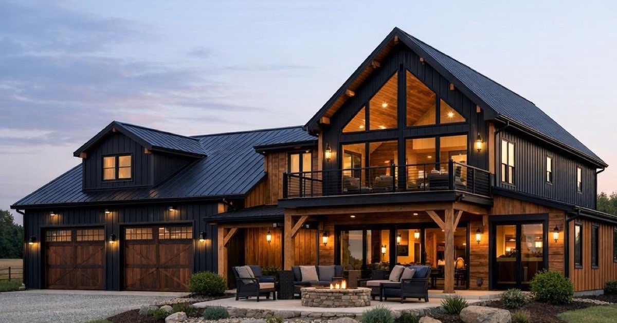 Black board-and-batten barndominium at dusk with a standing-seam metal roof, two-story window wall, upper balcony, and two-car garage