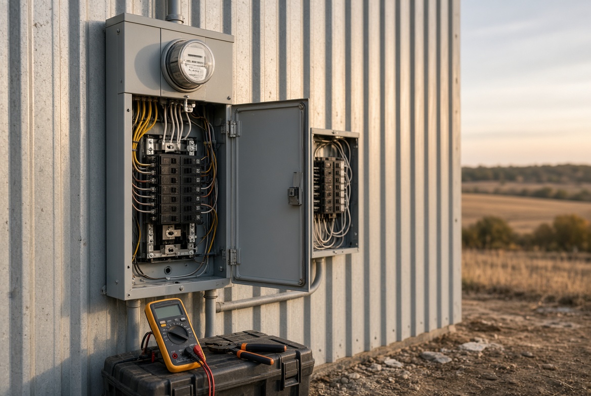 Barndominium electrical cost breakdown: 200-amp panel and meter base with subpanel mounted on steel exterior wall
