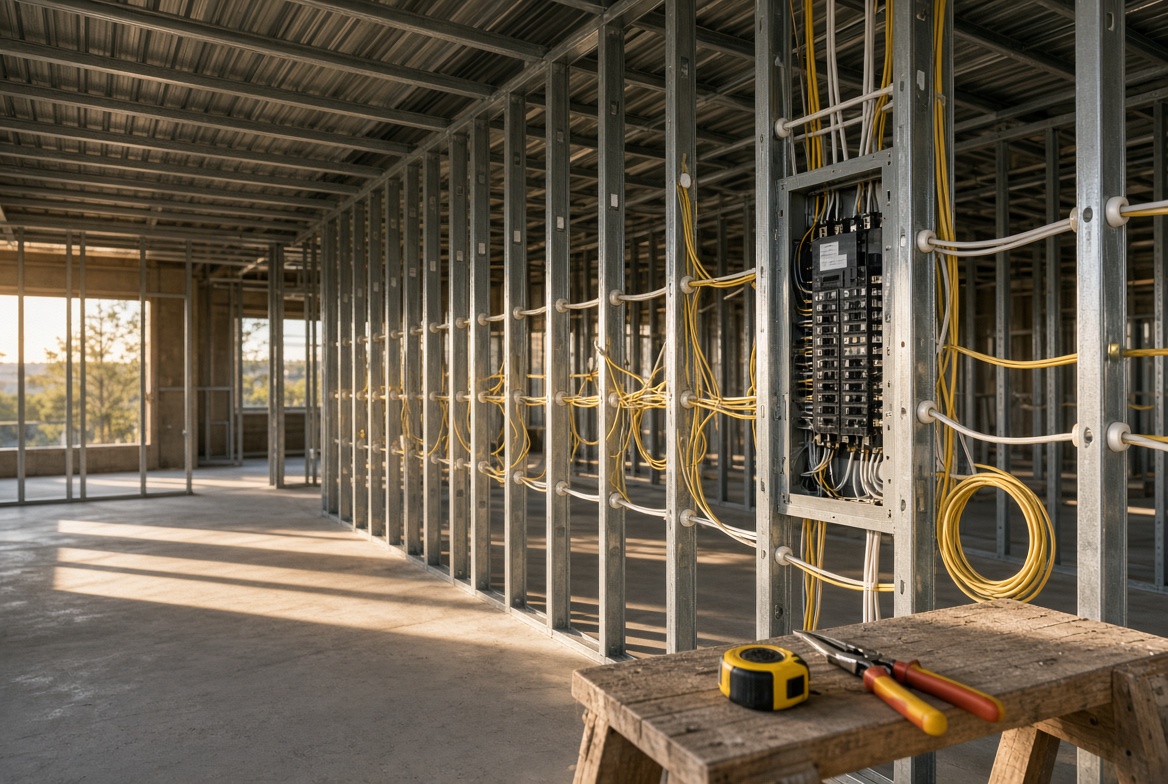 Barndominium electrical rough-in: steel stud framing with wiring and panel installed before drywall