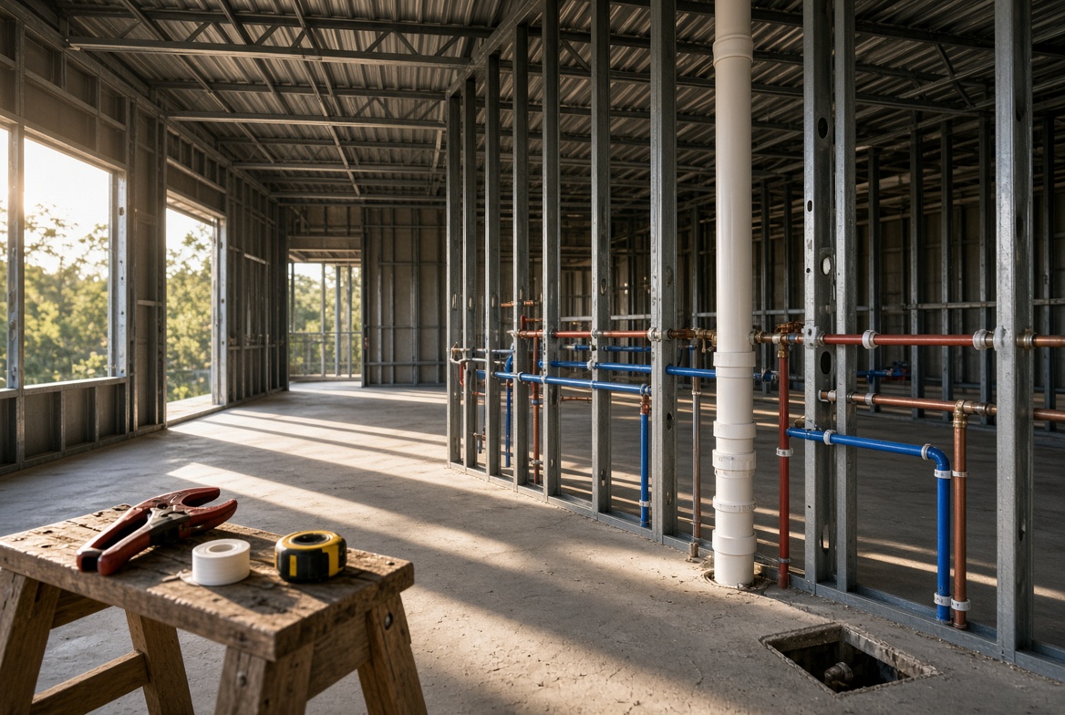 steel stud framing with PVC drain stack and copper and PEX supply lines during barndominium plumbing rough-in