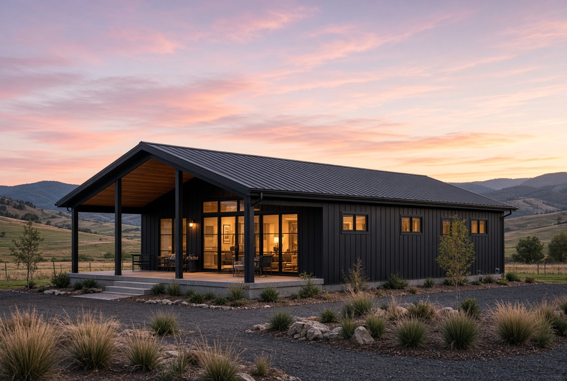 3-bedroom barndominium cost: finished home at dusk with covered porch