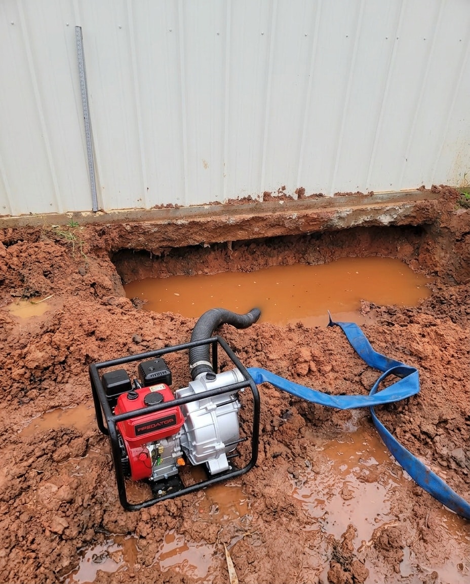 AI illustration of a gas trash pump beside a red clay trench under a barndominium slab edge, pumping out muddy rainwater