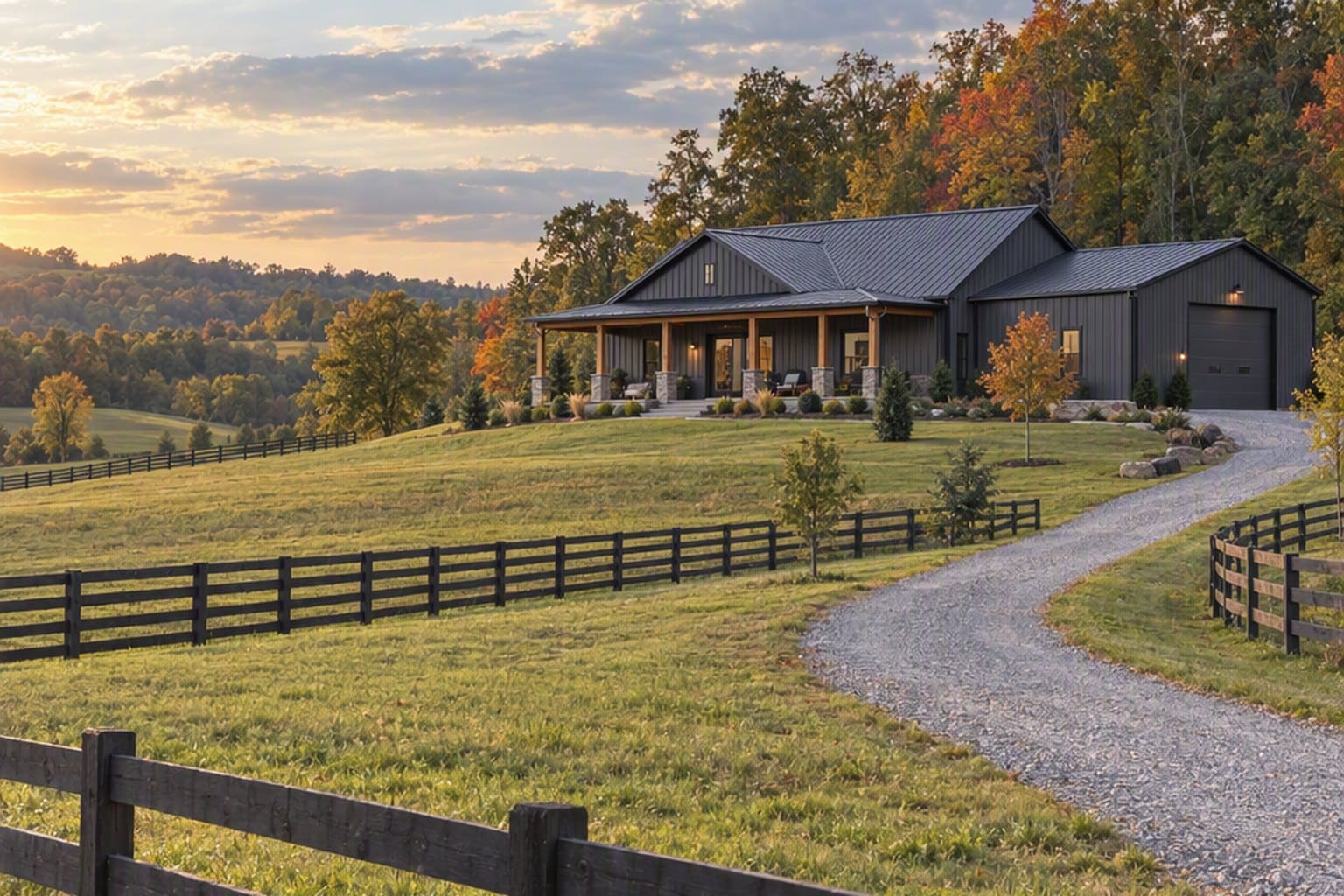 Illustrative image, not a specific Tennessee project: a dark metal barndominium with a covered porch and attached shop on rolling Middle Tennessee pasture, with a board fence and gravel driveway in fall.
