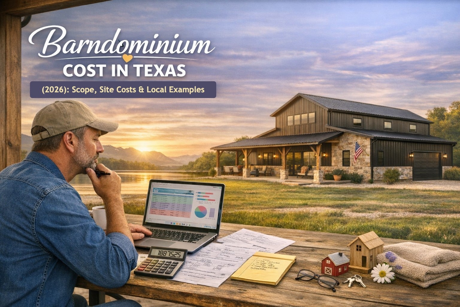 Illustrative image, not a specific Texas project: a man reviews a budget on a laptop at a porch table, with a stone-and-metal barndominium beside a lake at sunset.