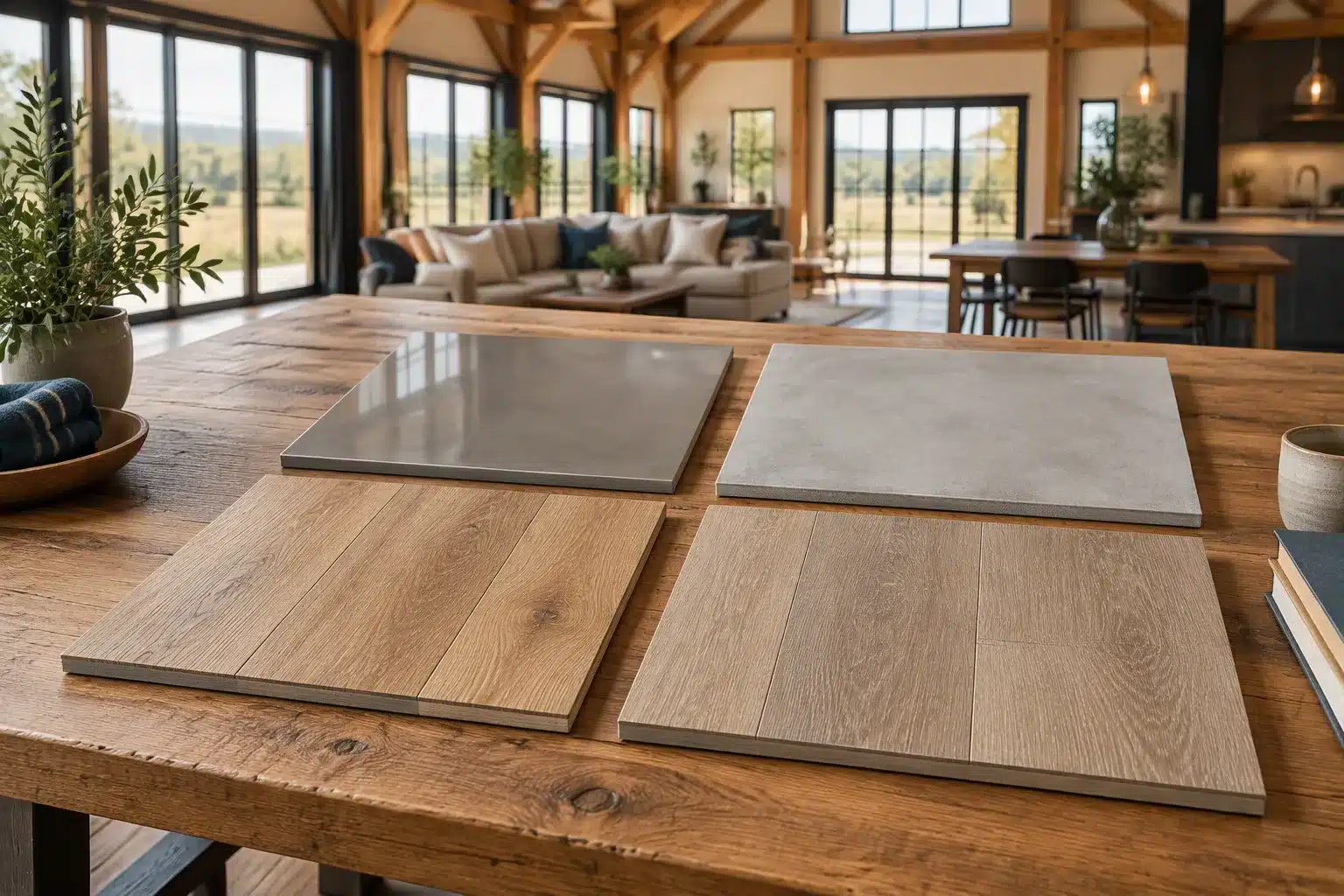 Barndominium flooring samples of epoxy, microcement, wood and wood-look vinyl on a table inside a barndominium.