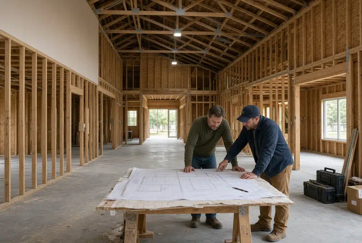 Two people review floor plans inside a barndominium under construction.