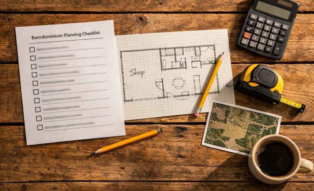 Barndominium planning checklist with a floor plan sketch, budget calculator and tape measure on a wooden table
