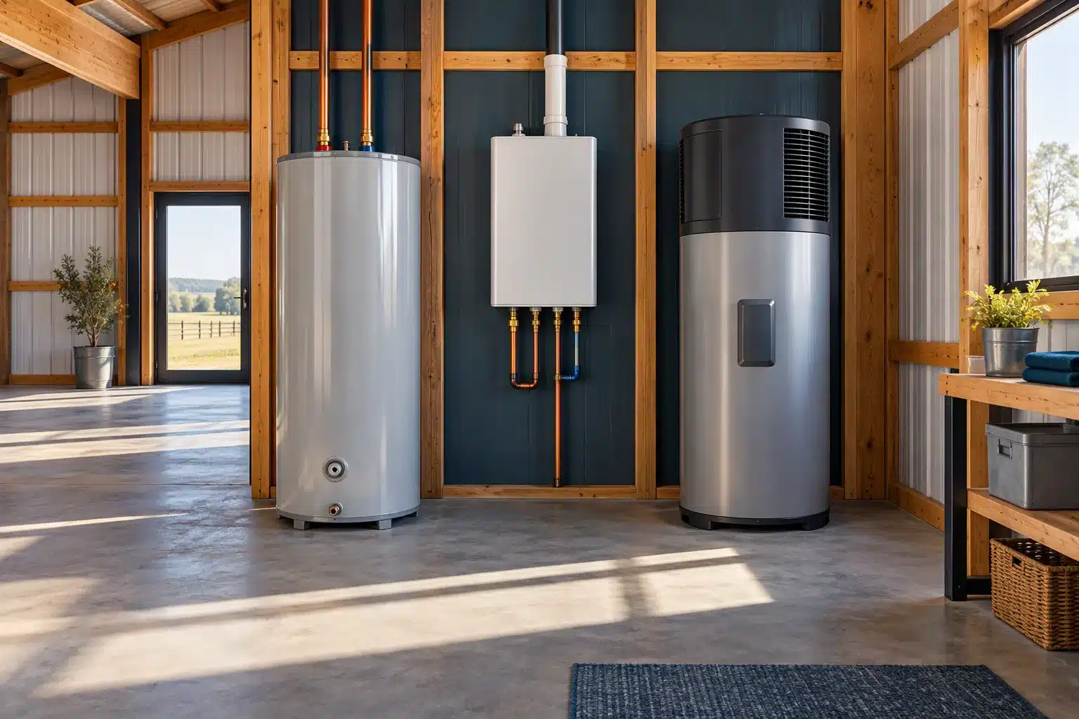 Barndominium water heater comparison: storage, tankless and heat-pump units in a barndominium utility room.