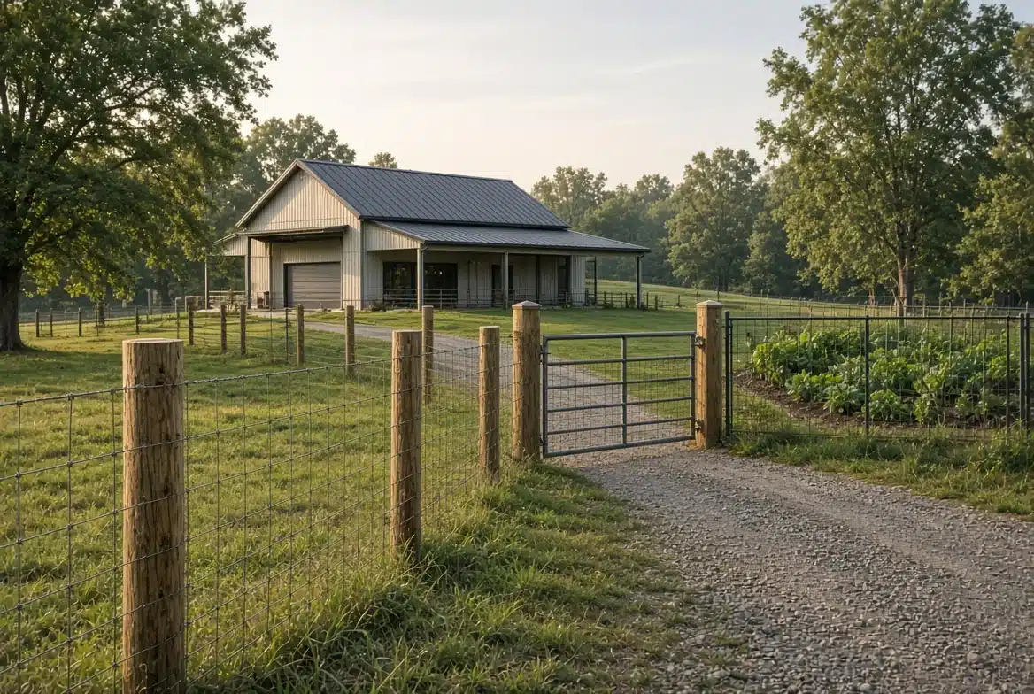 Illustrative image, not a specific project: a barndominium behind a wire fence and metal gate, with a gravel driveway and vegetable garden.