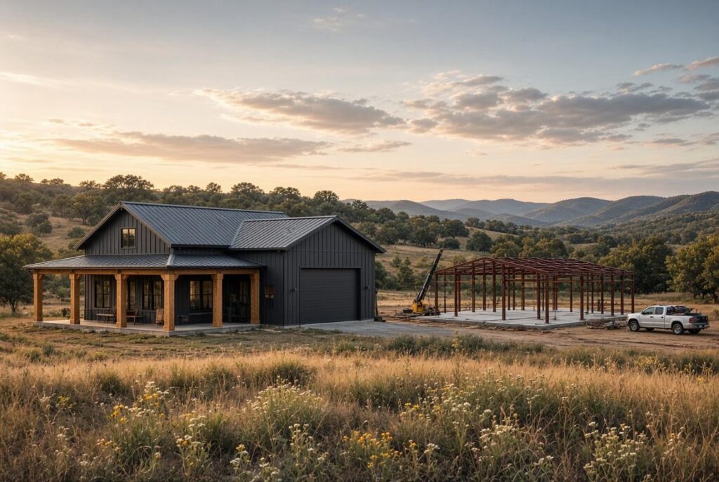 Texas barndominium builders: a finished barndominium beside a red-iron steel shell under construction in the Hill Country